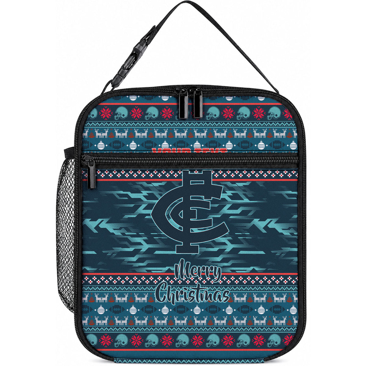 Personalized Carlton Blues Superhero Santa Christmas Lunch Bag Knit Pattern Festive Footy