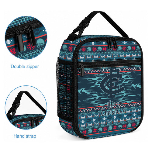 Personalized Carlton Blues Superhero Santa Christmas Lunch Bag Knit Pattern Festive Footy