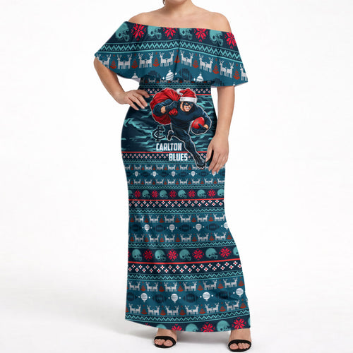 Personalized Carlton Blues Superhero Santa Christmas Off Shoulder Maxi Dress Knit Pattern Festive Footy