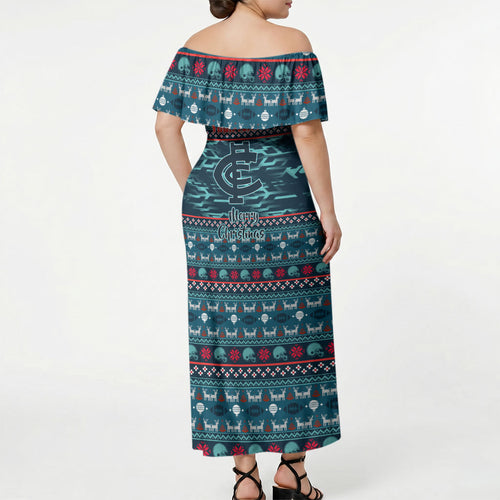 Personalized Carlton Blues Superhero Santa Christmas Off Shoulder Maxi Dress Knit Pattern Festive Footy