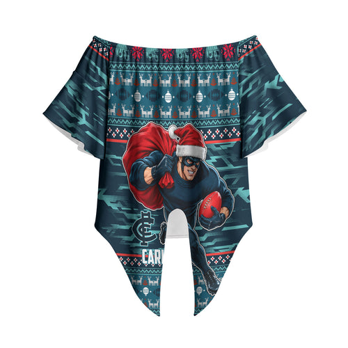 Personalized Carlton Blues Superhero Santa Christmas Off Shoulder Wrap Waist Top Knit Pattern Festive Footy