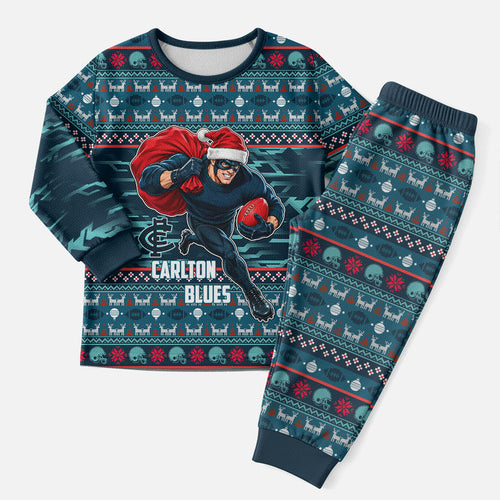 Personalized Carlton Blues Superhero Santa Christmas Pajama Set Knit Pattern Festive Footy