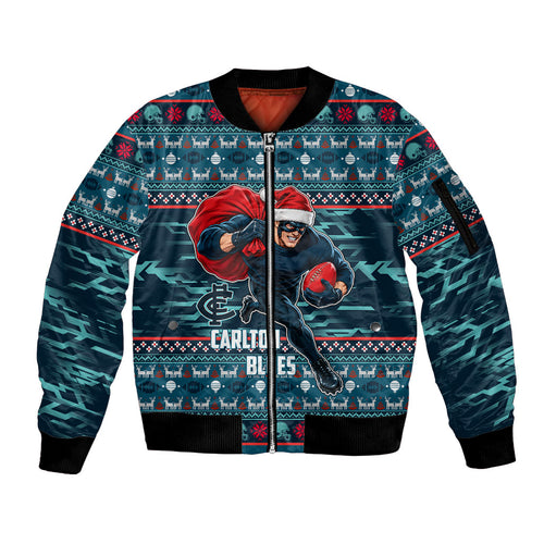 Personalized Carlton Blues Superhero Santa Christmas Sleeve Zip Bomber Jacket Knit Pattern Festive Footy