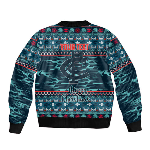 Personalized Carlton Blues Superhero Santa Christmas Sleeve Zip Bomber Jacket Knit Pattern Festive Footy