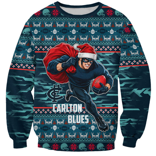 Personalized Carlton Blues Superhero Santa Christmas Sweatshirt Knit Pattern Festive Footy