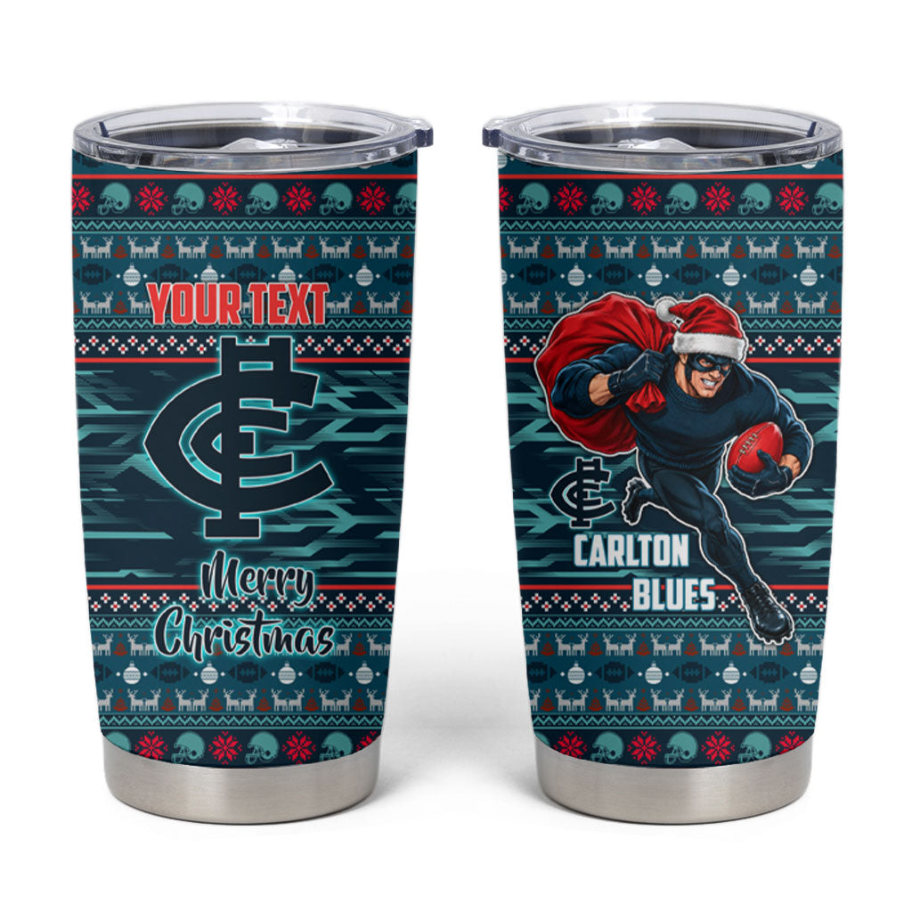 Personalized Carlton Blues Superhero Santa Christmas Tumbler Cup Knit Pattern Festive Footy