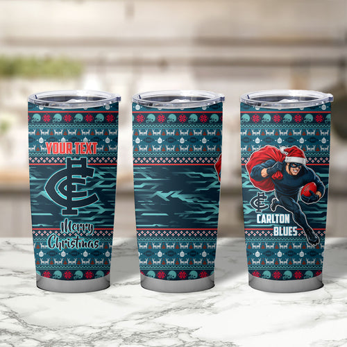 Personalized Carlton Blues Superhero Santa Christmas Tumbler Cup Knit Pattern Festive Footy
