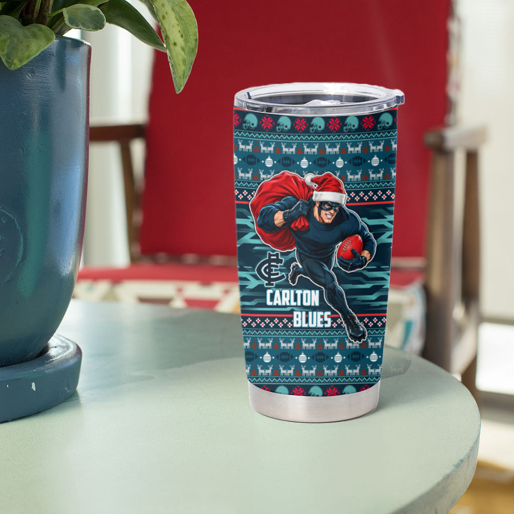 Personalized Carlton Blues Superhero Santa Christmas Tumbler Cup Knit Pattern Festive Footy