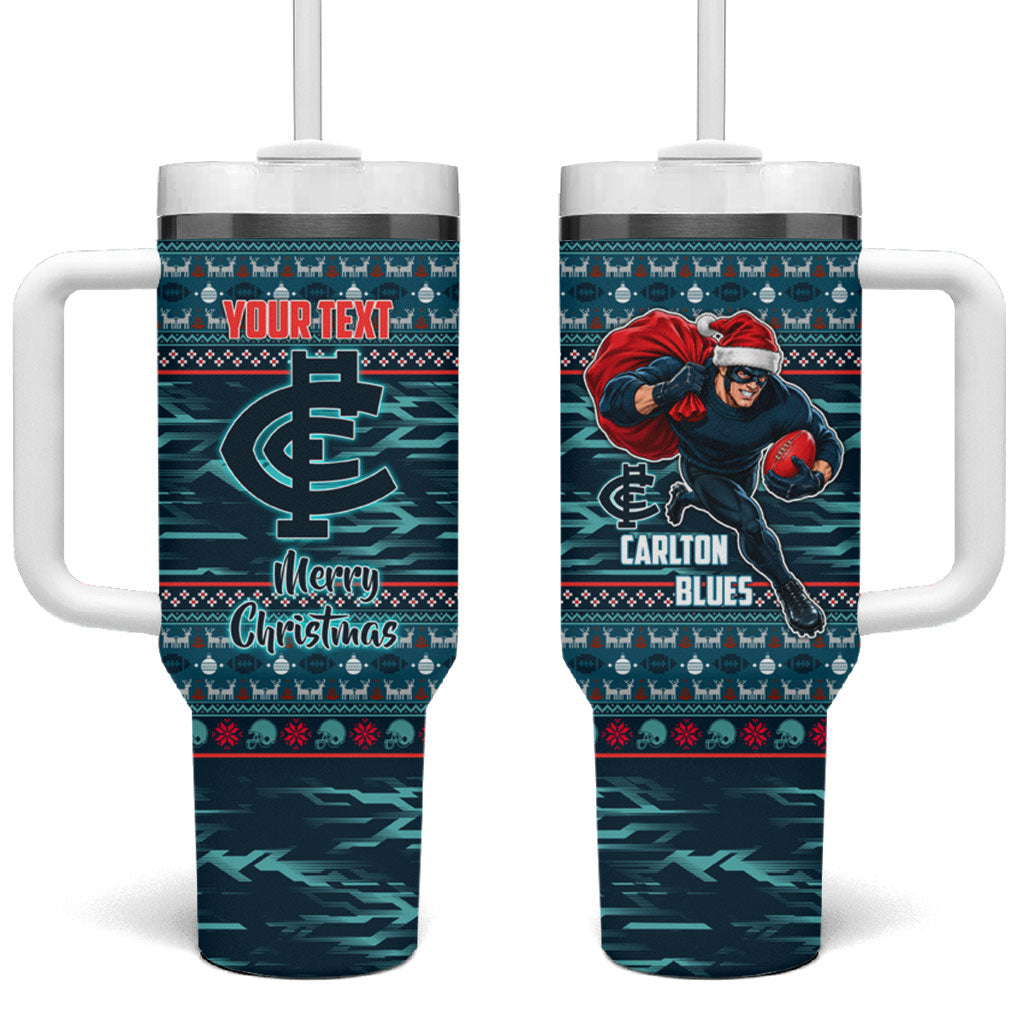 Personalized Carlton Blues Superhero Santa Christmas Tumbler With Handle Knit Pattern Festive Footy