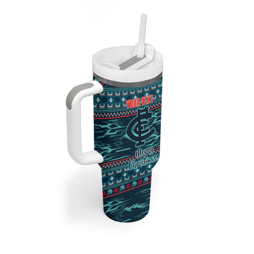 Personalized Carlton Blues Superhero Santa Christmas Tumbler With Handle Knit Pattern Festive Footy