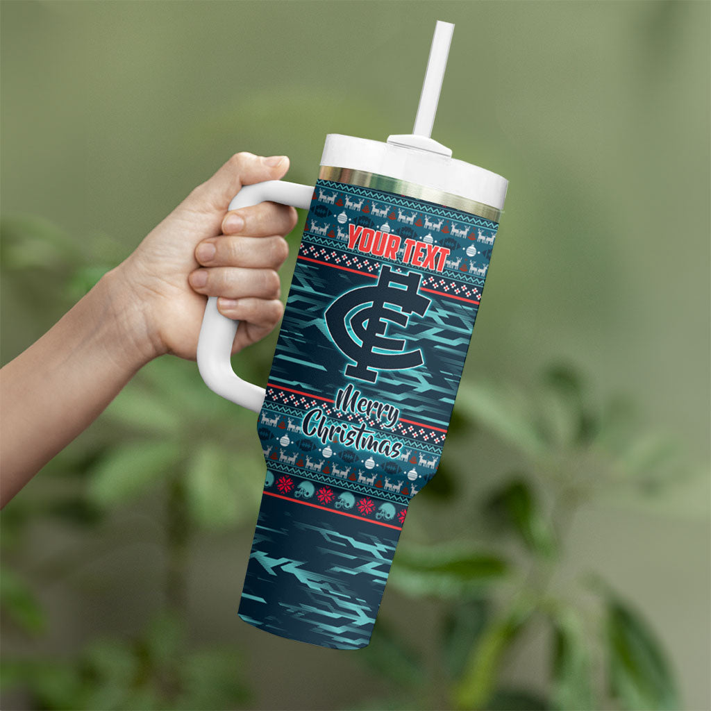 Personalized Carlton Blues Superhero Santa Christmas Tumbler With Handle Knit Pattern Festive Footy