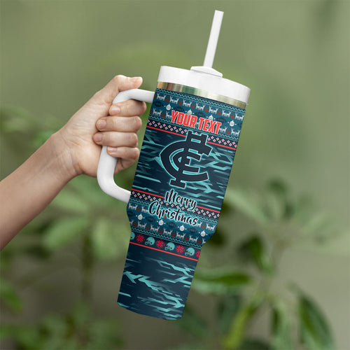 Personalized Carlton Blues Superhero Santa Christmas Tumbler With Handle Knit Pattern Festive Footy