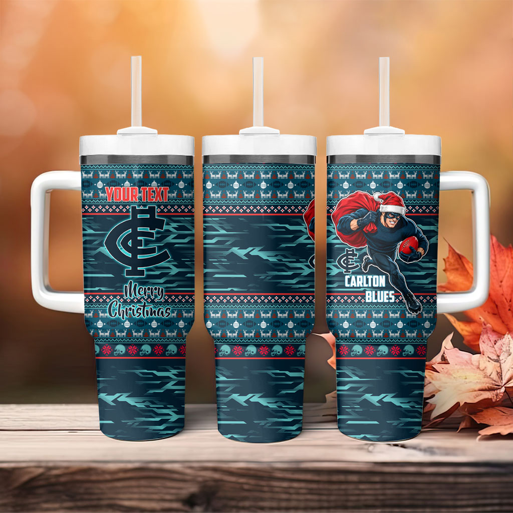 Personalized Carlton Blues Superhero Santa Christmas Tumbler With Handle Knit Pattern Festive Footy