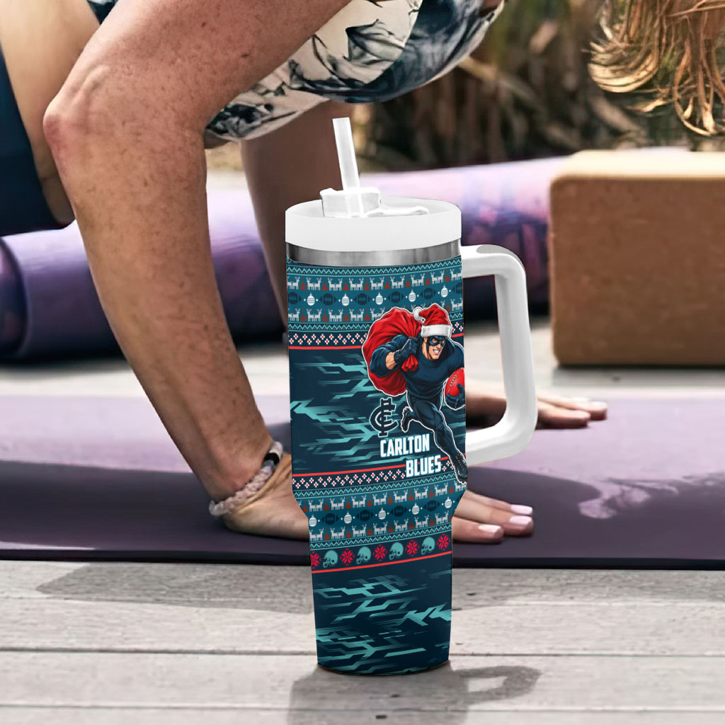 Personalized Carlton Blues Superhero Santa Christmas Tumbler With Handle Knit Pattern Festive Footy
