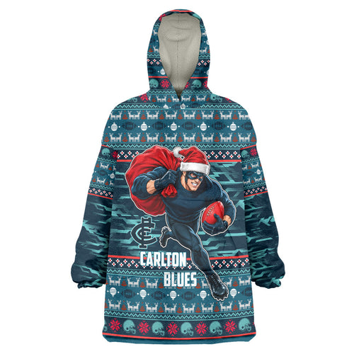 Personalized Carlton Blues Superhero Santa Christmas Wearable Blanket Hoodie Knit Pattern Festive Footy