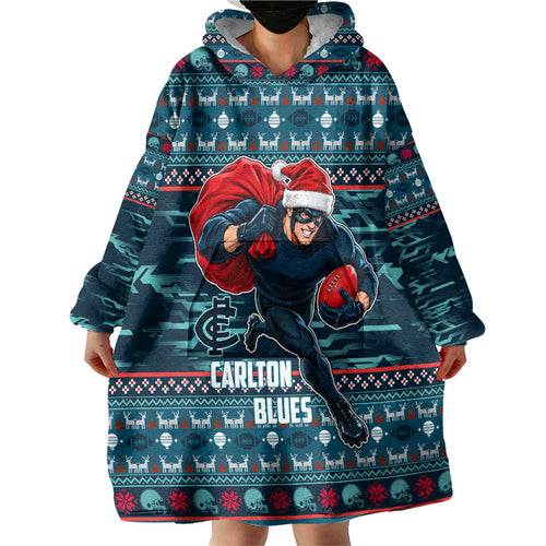 Personalized Carlton Blues Superhero Santa Christmas Wearable Blanket Hoodie Knit Pattern Festive Footy