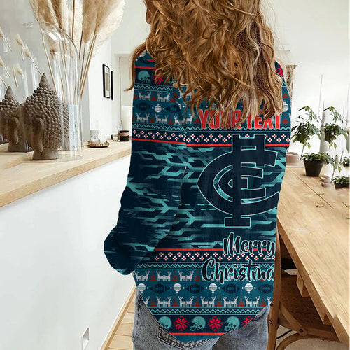 Personalized Carlton Blues Superhero Santa Christmas Women Casual Shirt Knit Pattern Festive Footy