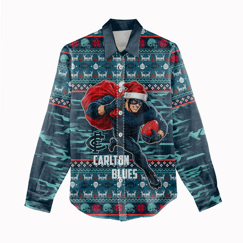 Personalized Carlton Blues Superhero Santa Christmas Women Casual Shirt Knit Pattern Festive Footy
