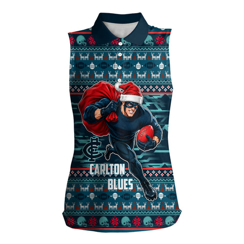Personalized Carlton Blues Superhero Santa Christmas Women Sleeveless Polo Shirt Knit Pattern Festive Footy