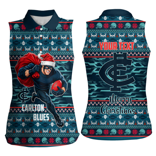 Personalized Carlton Blues Superhero Santa Christmas Women Sleeveless Polo Shirt Knit Pattern Festive Footy