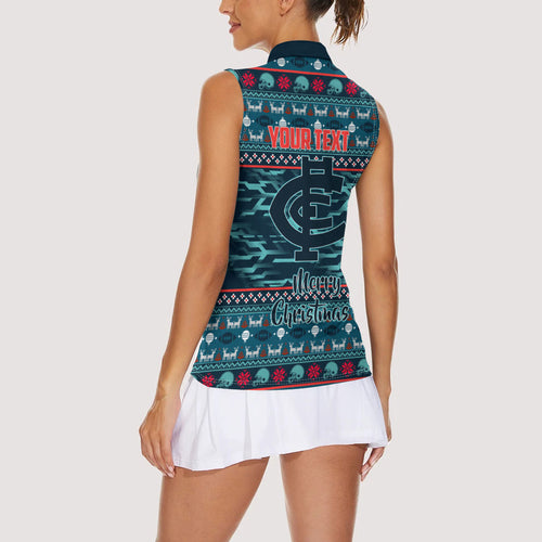 Personalized Carlton Blues Superhero Santa Christmas Women Sleeveless Polo Shirt Knit Pattern Festive Footy
