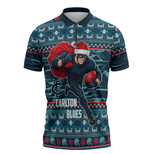 Personalized Carlton Blues Superhero Santa Christmas Zipper Polo Shirt Knit Pattern Festive Footy