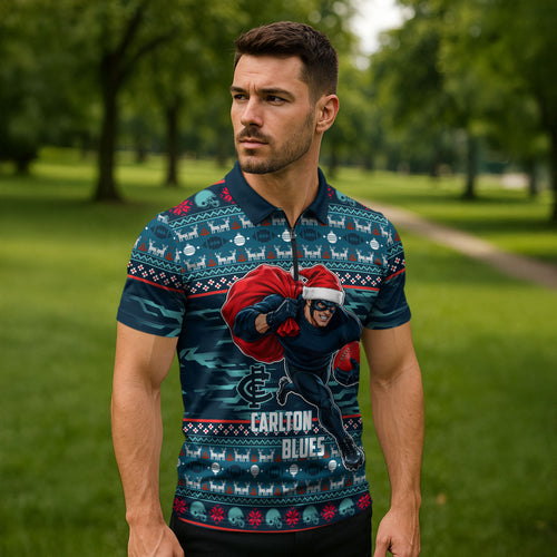 Personalized Carlton Blues Superhero Santa Christmas Zipper Polo Shirt Knit Pattern Festive Footy