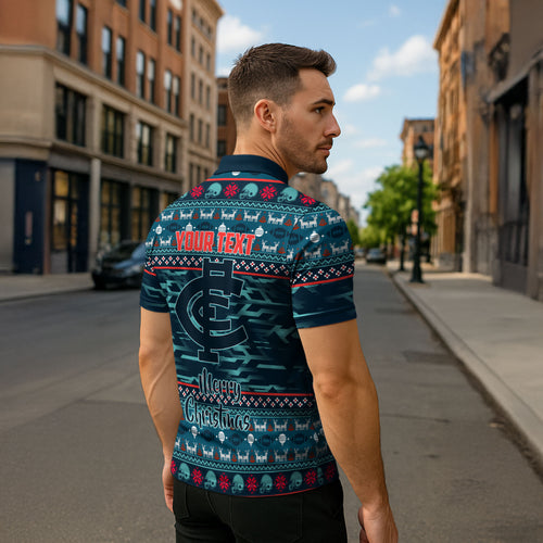 Personalized Carlton Blues Superhero Santa Christmas Zipper Polo Shirt Knit Pattern Festive Footy