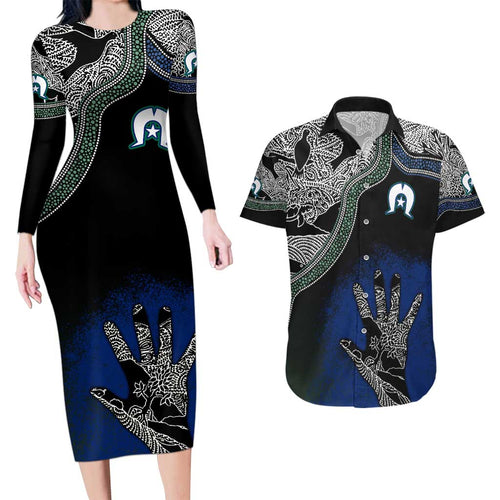 Black And White Aboriginal - Torres Strait Islanders Flag Couples Matching Long Sleeve Bodycon Dress and Hawaiian Shirt TS04