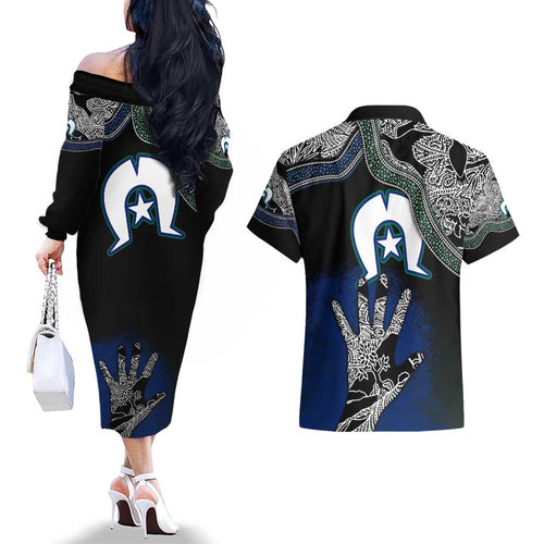 Black And White Aboriginal - Torres Strait Islanders Flag Couples Matching Off The Shoulder Long Sleeve Dress and Hawaiian Shirt TS04
