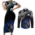 Black And White Aboriginal - Torres Strait Islanders Flag Couples Matching Short Sleeve Bodycon Dress and Long Sleeve Button Shirt TS04
