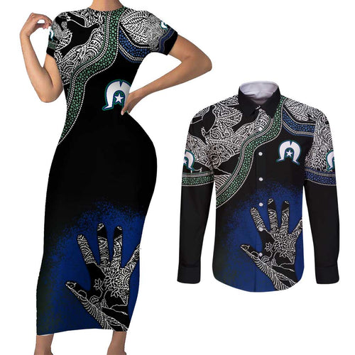 Black And White Aboriginal - Torres Strait Islanders Flag Couples Matching Short Sleeve Bodycon Dress and Long Sleeve Button Shirt TS04