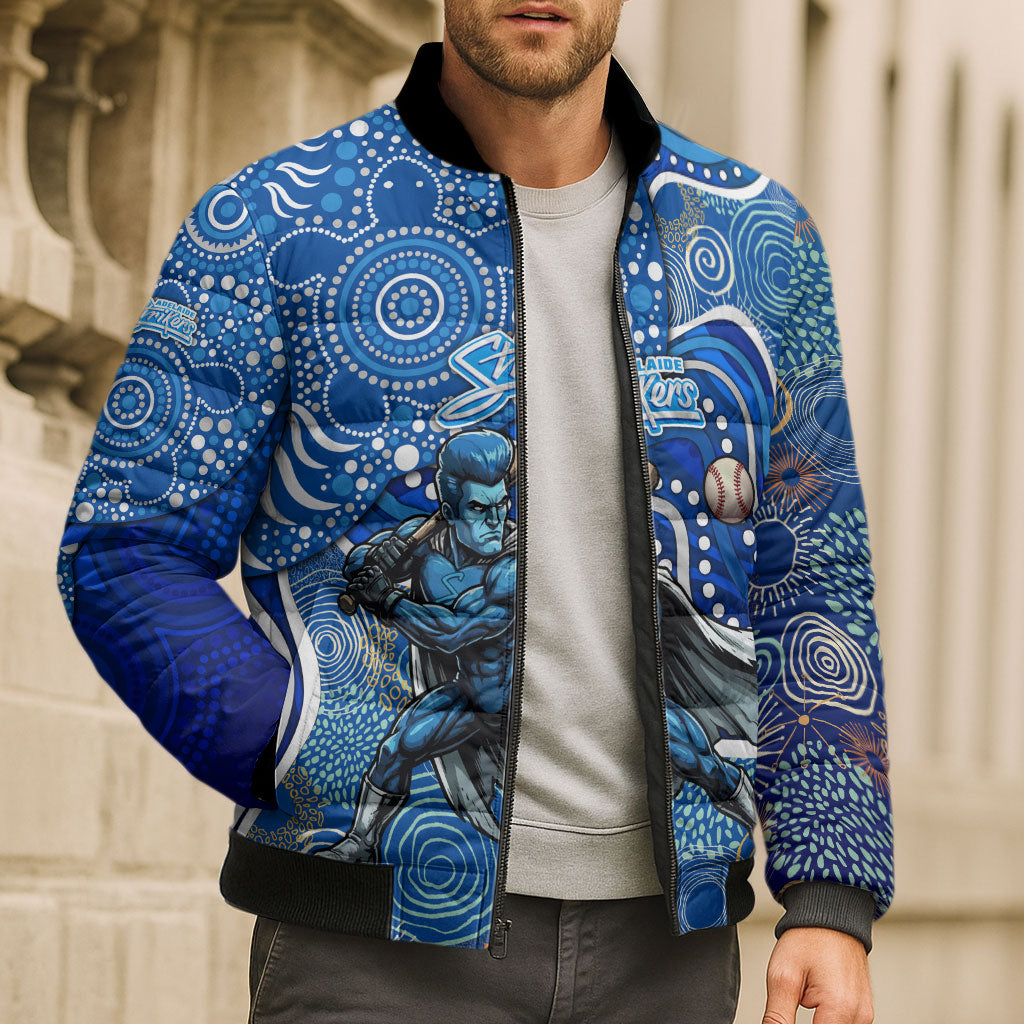 Adelaide Strikers Bomber Puffer Jacket Indigenous Dot Art Superhero Batter Tribal Pattern