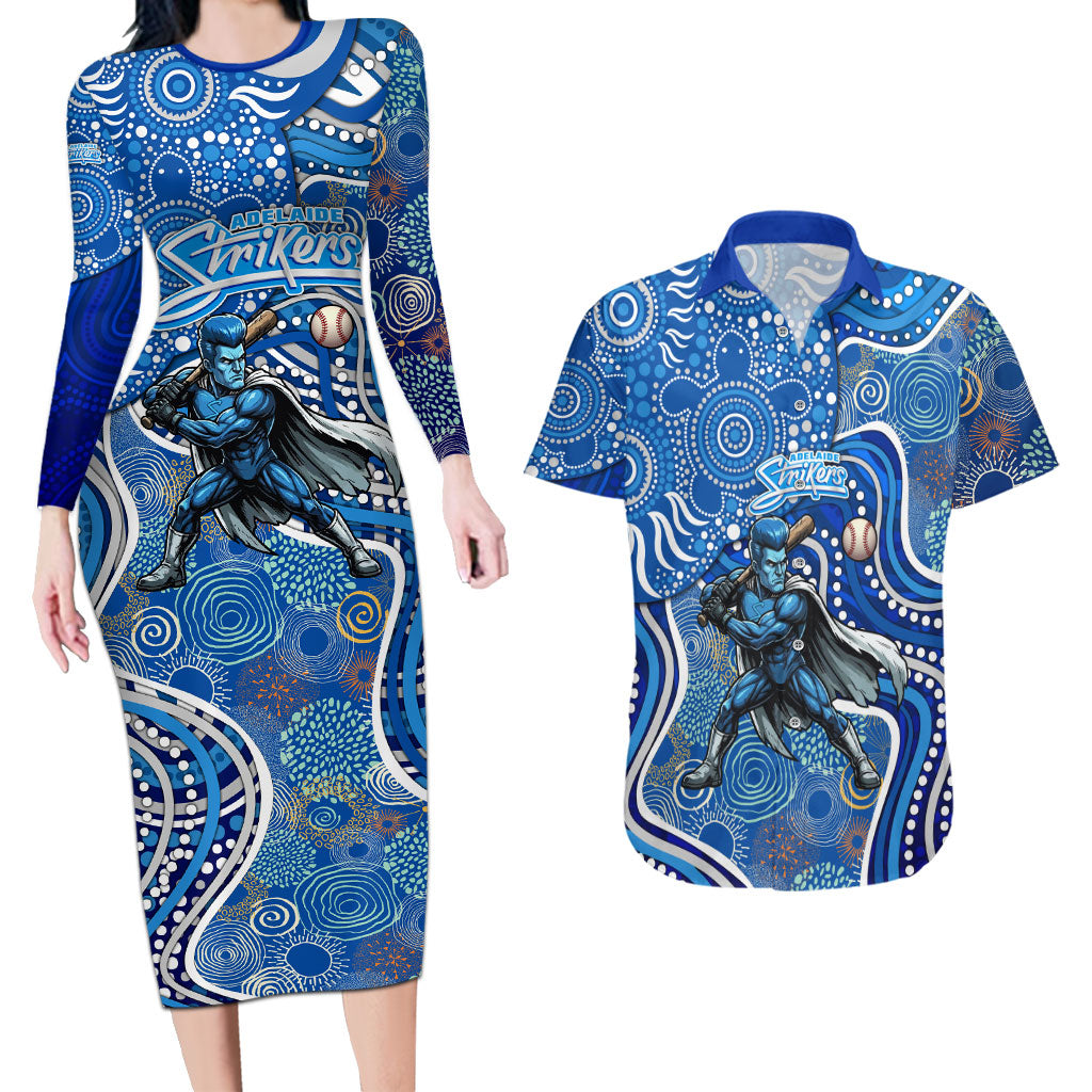 Adelaide Strikers Couples Matching Long Sleeve Bodycon Dress and Hawaiian Shirt Indigenous Dot Art Superhero Batter Tribal Pattern