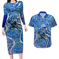 Adelaide Strikers Couples Matching Long Sleeve Bodycon Dress and Hawaiian Shirt Indigenous Dot Art Superhero Batter Tribal Pattern