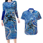 Adelaide Strikers Couples Matching Long Sleeve Bodycon Dress and Hawaiian Shirt Indigenous Dot Art Superhero Batter Tribal Pattern