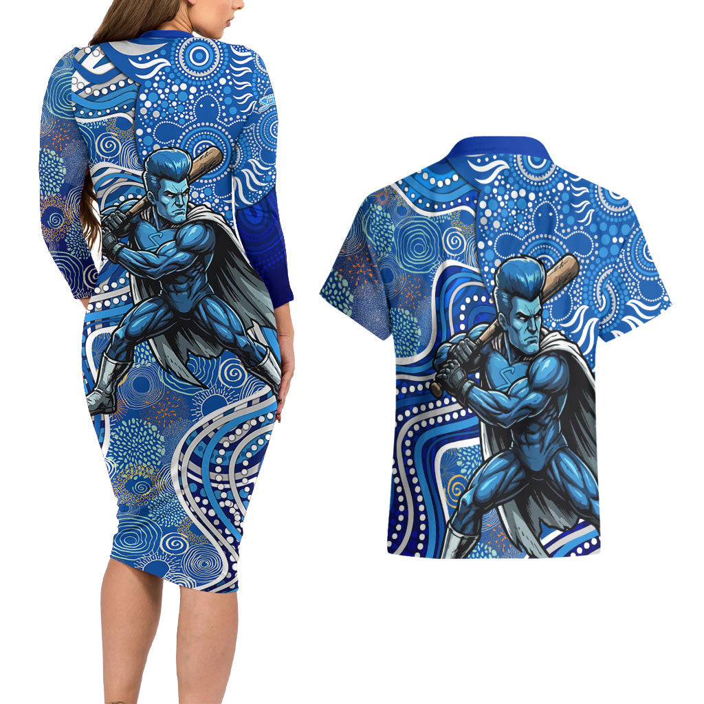 Adelaide Strikers Couples Matching Long Sleeve Bodycon Dress and Hawaiian Shirt Indigenous Dot Art Superhero Batter Tribal Pattern