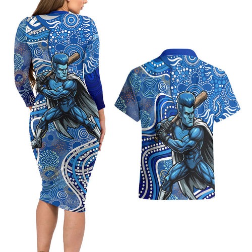 Adelaide Strikers Couples Matching Long Sleeve Bodycon Dress and Hawaiian Shirt Indigenous Dot Art Superhero Batter Tribal Pattern