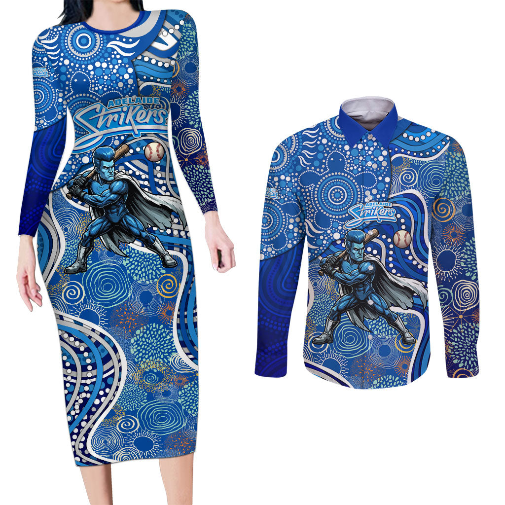 Adelaide Strikers Couples Matching Long Sleeve Bodycon Dress and Long Sleeve Button Shirt Indigenous Dot Art Superhero Batter Tribal Pattern