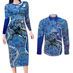 Adelaide Strikers Couples Matching Long Sleeve Bodycon Dress and Long Sleeve Button Shirt Indigenous Dot Art Superhero Batter Tribal Pattern