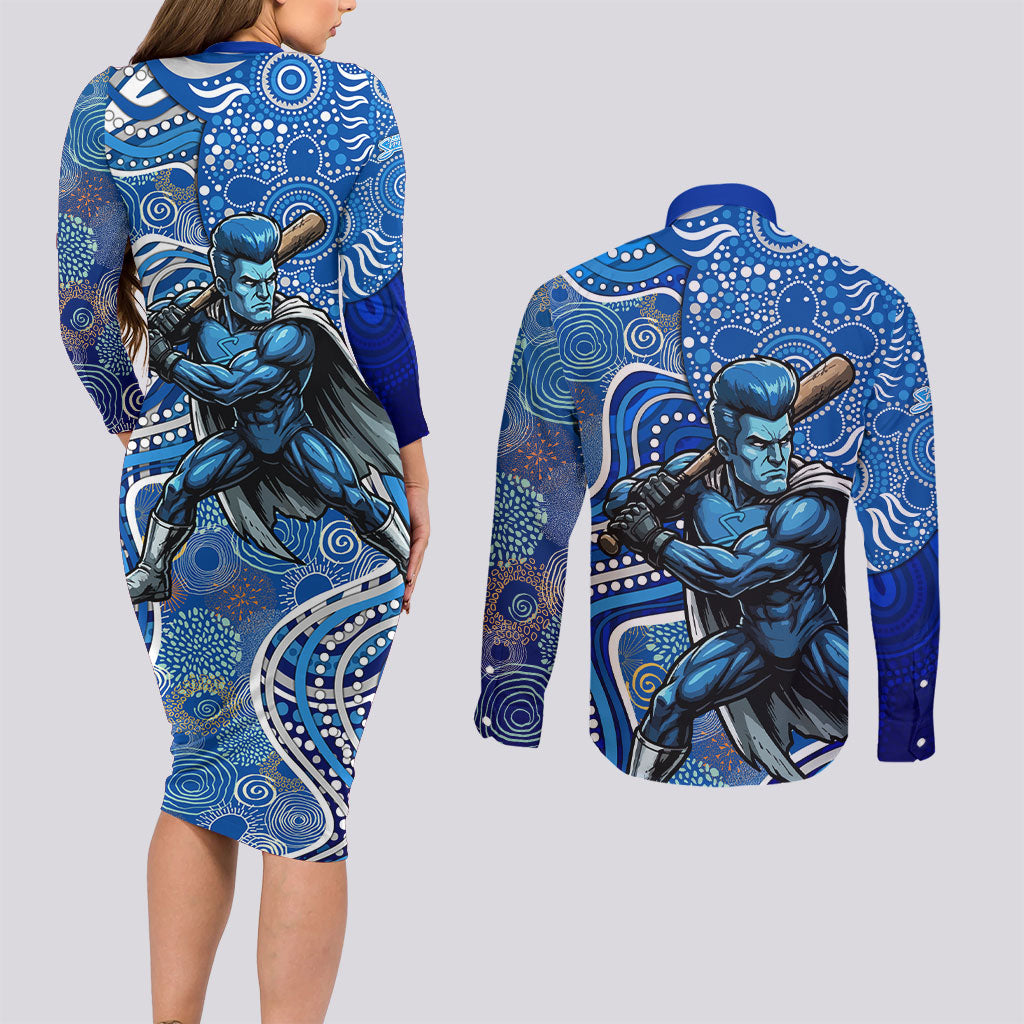 Adelaide Strikers Couples Matching Long Sleeve Bodycon Dress and Long Sleeve Button Shirt Indigenous Dot Art Superhero Batter Tribal Pattern