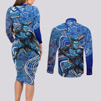 Adelaide Strikers Couples Matching Long Sleeve Bodycon Dress and Long Sleeve Button Shirt Indigenous Dot Art Superhero Batter Tribal Pattern