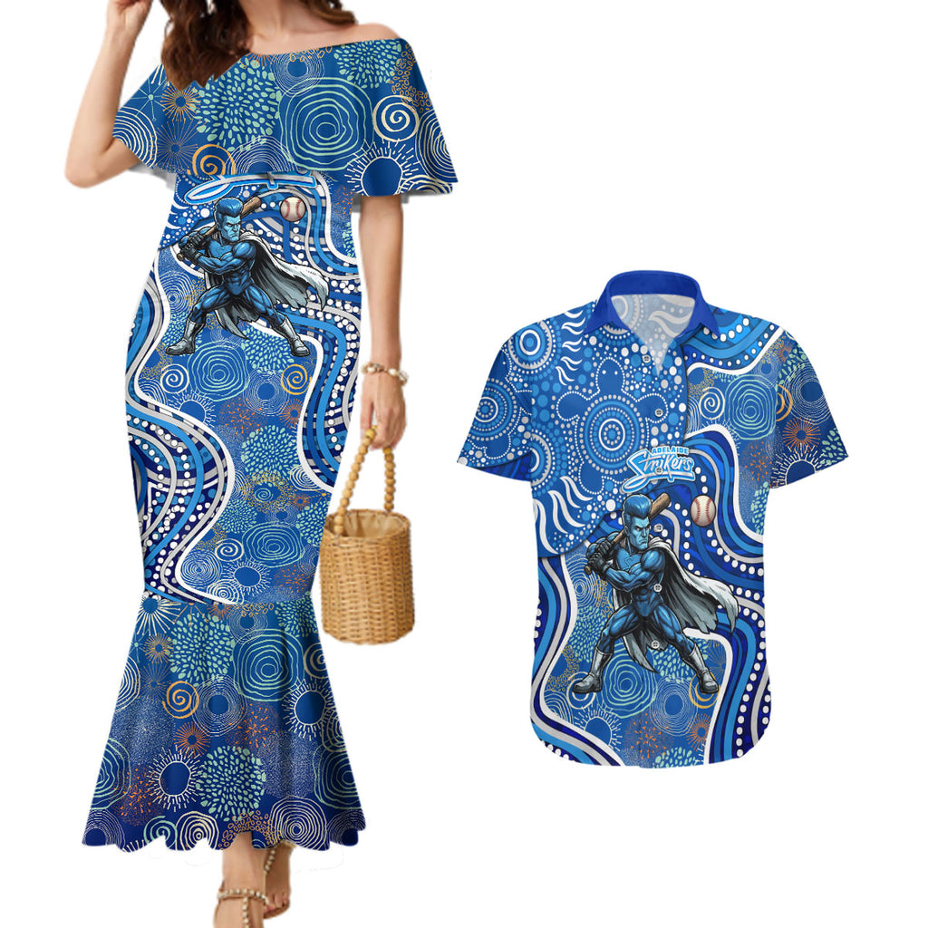 Adelaide Strikers Couples Matching Mermaid Dress and Hawaiian Shirt Indigenous Dot Art Superhero Batter Tribal Pattern