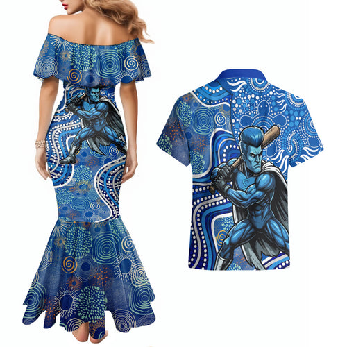 Adelaide Strikers Couples Matching Mermaid Dress and Hawaiian Shirt Indigenous Dot Art Superhero Batter Tribal Pattern