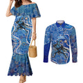 Adelaide Strikers Couples Matching Mermaid Dress and Long Sleeve Button Shirt Indigenous Dot Art Superhero Batter Tribal Pattern