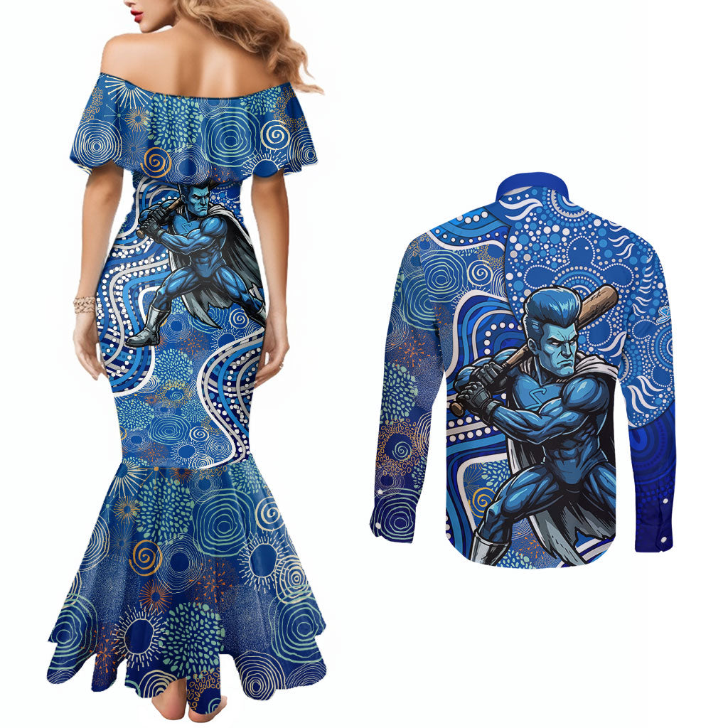 Adelaide Strikers Couples Matching Mermaid Dress and Long Sleeve Button Shirt Indigenous Dot Art Superhero Batter Tribal Pattern