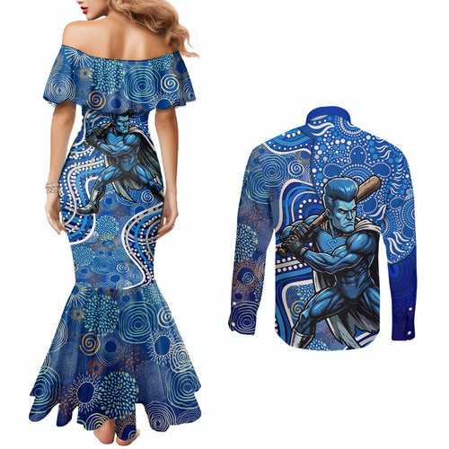 Adelaide Strikers Couples Matching Mermaid Dress and Long Sleeve Button Shirt Indigenous Dot Art Superhero Batter Tribal Pattern