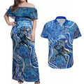Adelaide Strikers Couples Matching Off Shoulder Maxi Dress and Hawaiian Shirt Indigenous Dot Art Superhero Batter Tribal Pattern