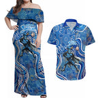 Adelaide Strikers Couples Matching Off Shoulder Maxi Dress and Hawaiian Shirt Indigenous Dot Art Superhero Batter Tribal Pattern