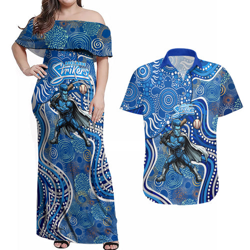 Adelaide Strikers Couples Matching Off Shoulder Maxi Dress and Hawaiian Shirt Indigenous Dot Art Superhero Batter Tribal Pattern